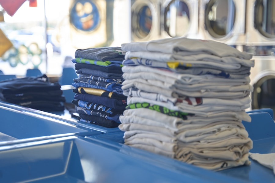 Folded laundry at the wash counter